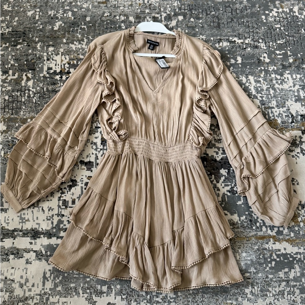 PLT Beige Ruffle V-Neck Mini Dress - Picture 3 of 6
